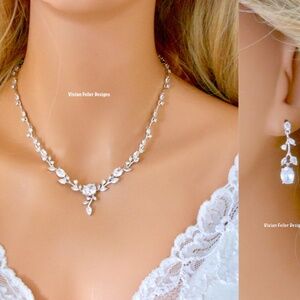 Necklace Earrings SET for Bride Wedding Floral VINE Leaf Jewelry Set Silver CZ
